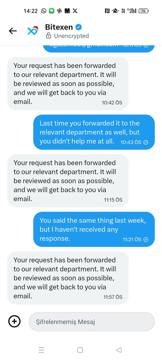 kiripto9999's tweet photo. @bitexencom  It's been a month and I still can't withdraw my money. I contacted their support team a month ago and they haven't responded. I contacted them through X, and they said they would help and asked for my email address, but they haven't solved my problem at all. https://t.co/J9QN5aLmXz