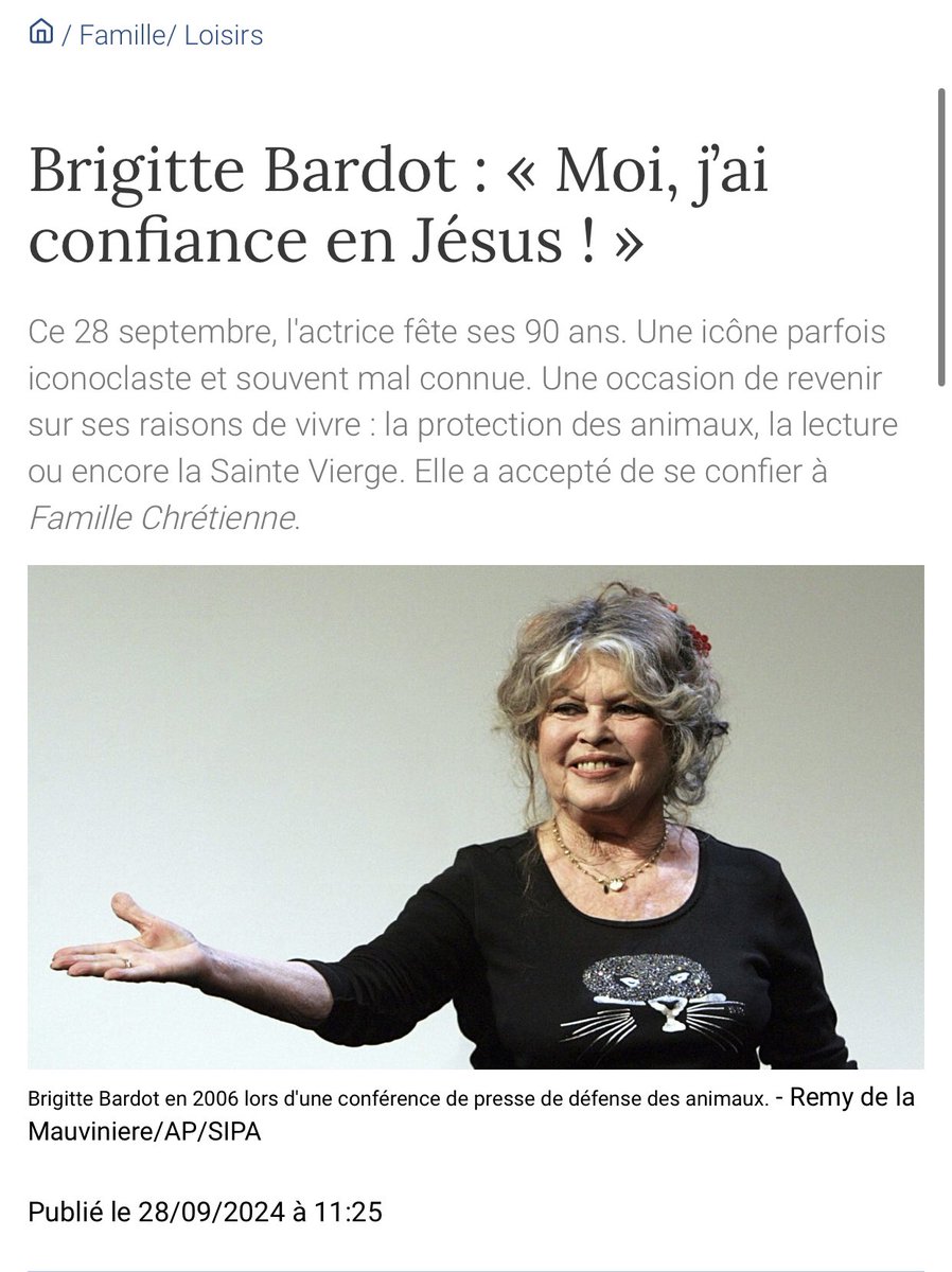 ylldvs's tweet image. 🗣️ ✝️ 🇫🇷 L’icône de la télévision Française, Brigitte Bardot nous a quittés aujourd’hui à l’âge de 91 ans. Dans une de ses dernières interviews, elle avait confiait que la religion lui tenait  à cœur : « J’ai confiance en Jésus. »

Alors Repose en paix, Brigitte Bardot. 🕊️