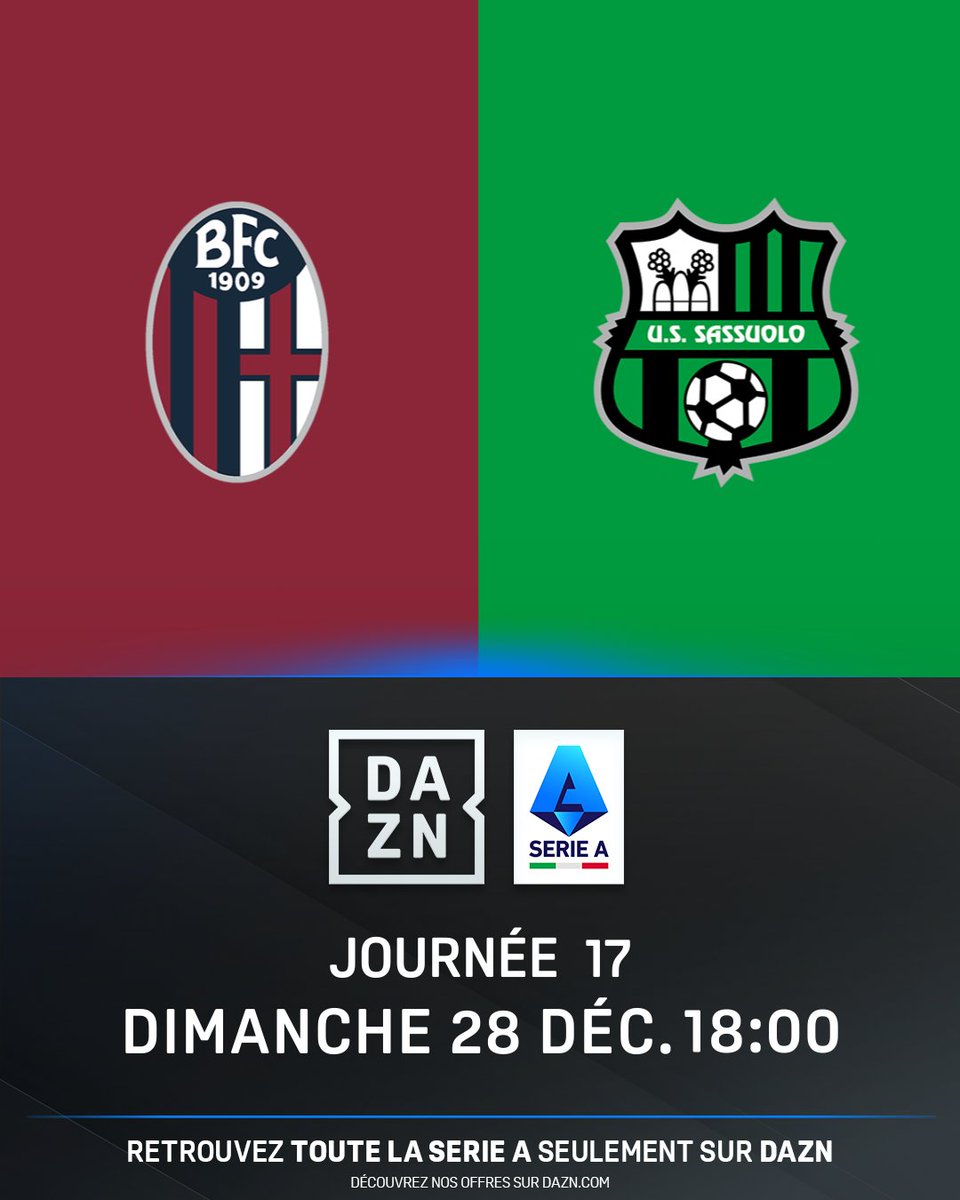 DAZN_FR's tweet image. 🇮🇹 @Bolognafc1909 - @SassuoloUS 
🕣 En direct à 18h
📲 sur l’app DAZN
🔗 bit.ly/4mtV7NX

#BolognaSassuolo