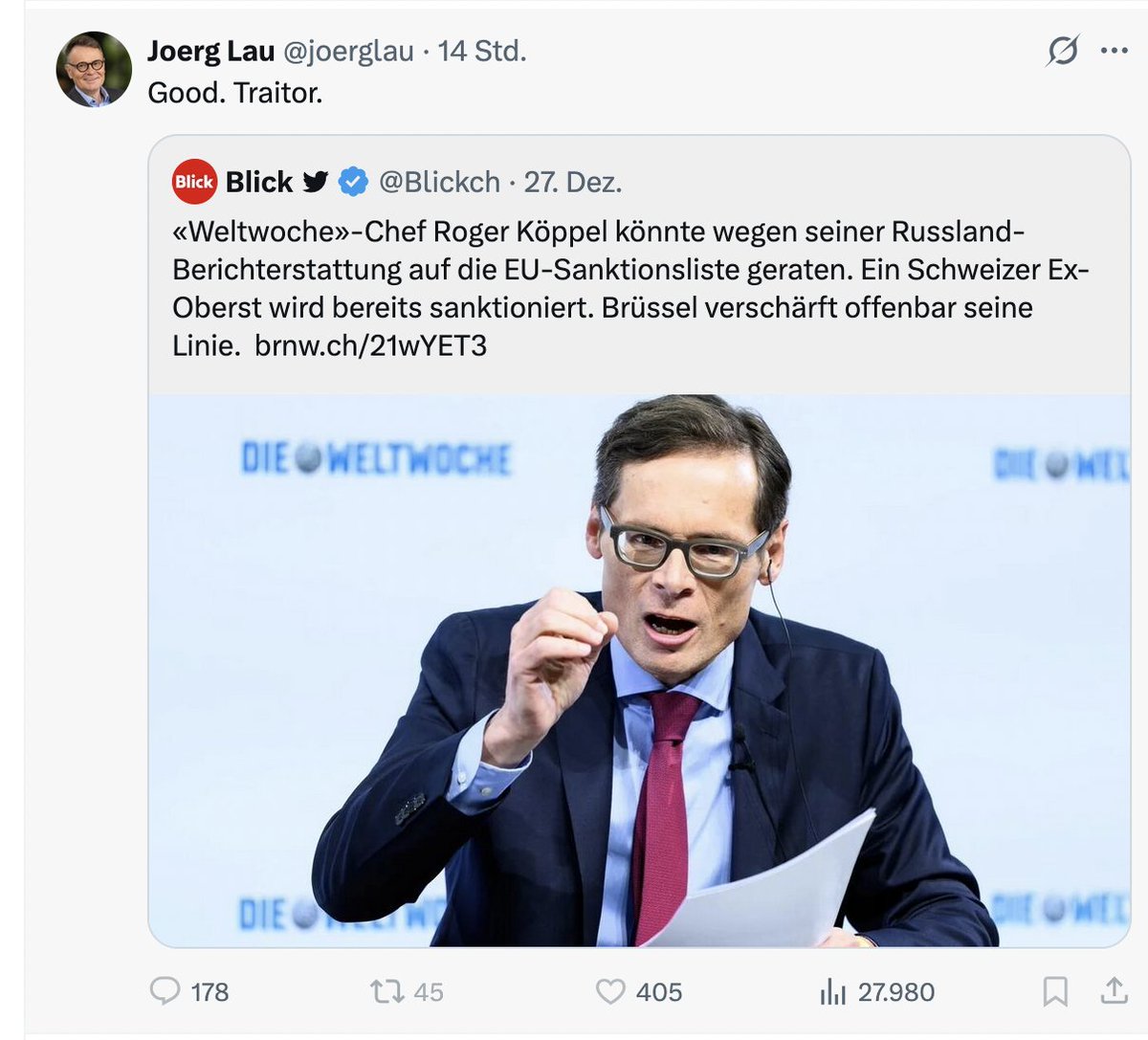 Journ. der "liberalen" ZEIT nennt Journalist Roger Köppel "traitor". Das ist das "Diskurs-"Niveau, mittlerweile... Die intellektuelle Entkernung im Journalismus schreitet voran.
<a href="/ulrikeguerot/">Ulrike Guérot</a> <a href="/Weltwoche/">Die Weltwoche</a> <a href="/KoeppelRoger/">Roger Köppel</a>