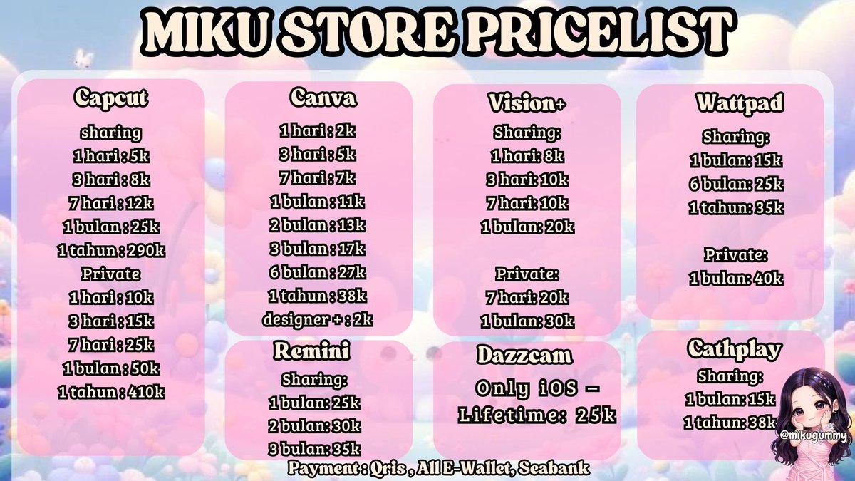 mikugummy's tweet photo. alo bub yuk yg need app premium legal paid fullgaransi miku ready always!!! untuk cek app lainnya bisa cek pinned yap, langsung chat link di bio miku thankiss🔥 https://t.co/5reSTHtv98