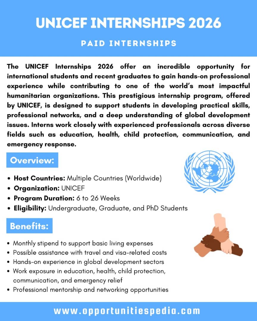 PantamiFound's tweet photo. UNICEF Internships 2026 | Paid Internships

UNICEF is offering paid internship opportunities for students and recent graduates to gain hands-on experience within a United Nations agency while contributing to global development and humanitarian work.

Key Details:

- Organization: United Nations Children’s Fund (UNICEF)

- Programme Type: Paid Internship

- Eligible Applicants:

- Undergraduate students

- Graduate students

- Recent graduates

Benefits:

• Opportunity to work with a United Nations agency

• International professional and development experience

• Practical exposure to global humanitarian and development programmes

More details and application:
https://t.co/3snuVLonIB

This opportunity is shared by the Professor Isa Pantami Foundation (PIP Foundation) as part of its commitment to promoting education, empowerment, and community development across Africa.

#PIPFoundation #InternshipOpportunities #EducationForAll #YouthEmpowerment