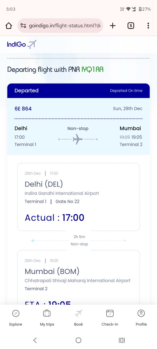 kishorevell's tweet photo. @IndiGo6E --> Your official website doesn't track your flights properly. Boarding is not yet done here at Delhi T-1 Gate 22 for 17:00 flight but your tracker in the screenshot says the flight has departed. So, flight left without boarding passengers ?? https://t.co/kyyV6d45EH
