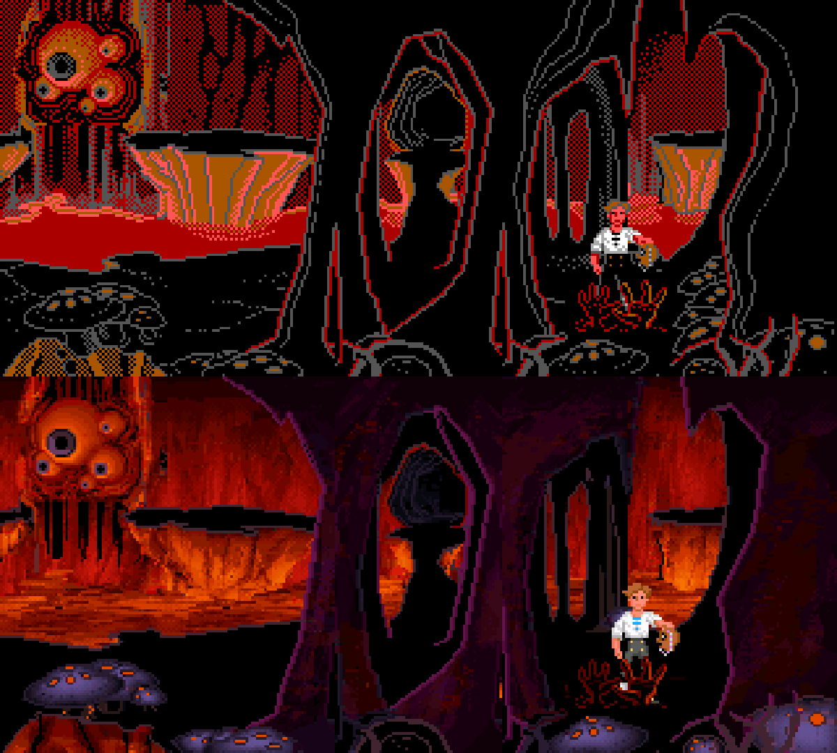 Guybrush Threepwood explores the catacombs beneath Monkey Island.

Top: EGA’s 16-colour palette Bottom: VGA’s 256-colour palette.

Both from The Secret of #MonkeyIsland.