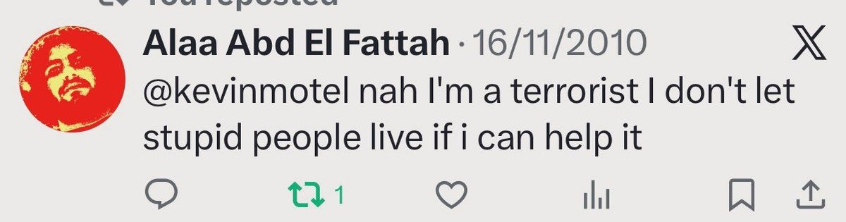 Hey <a href="/alaa/">Alaa Abd El Fattah</a> why are you deleting these old tweets?

Is it to stop people from seeing them and learning who  you really are?

Good idea. These are bad.