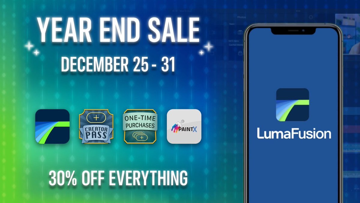 coremeltfx's tweet photo. LumaTouch year end sale on everything including the PaintX plugin for LumaFusion on from now until Dec 31st.  30% off PaintX for LumaFusion.  Price available in app. https://t.co/1WYxPgwHKu