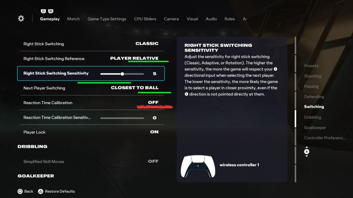 ‼️Player SWITCH Settings 

Sometimes *switching can be slow and mess with your rhythm, this helps

-RST switch reference:  “Player”
-Next player switch: (L1) “Closest to ball”
-Reaction time calibration:  OFF

⚠️Important
Right Stick Switch Sensitivity:  -5- (Min)
Follow button👋