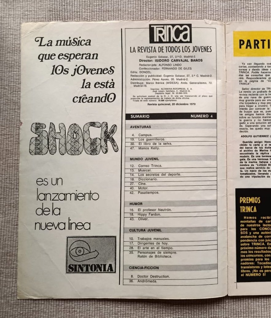 LibrosVintage's tweet photo. «La pandilla Trinca en "Campus"» 

Curiosamente, la serie que daba nombre a la revista y ocupaba su cuarta portada fue una de las que dejó menor poso. Nunca fue recopilada en álbum.

#Trinca n° 4 (20 dic 1970)
Revista juvenil. 25 ptas
Editorial #Doncel
#Hace55años https://t.co/gzq7nvFfk1