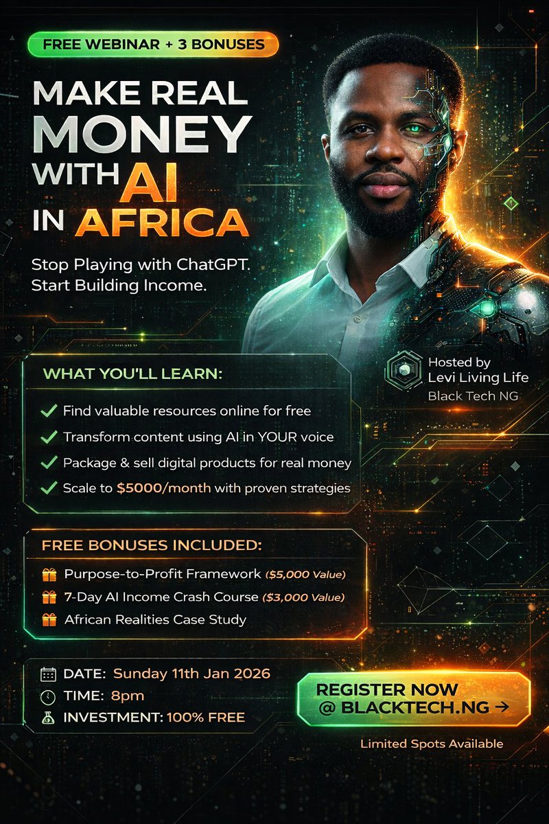 Register @ blacktech.ng
Everyone's talking about AI, but who's actually showing you how to make REAL money with it in Africa?
This FREE 45-minute webinar reveals the exact system regular Nigerians are using to earn ₦50,000 - ₦500,000 per month with AI.