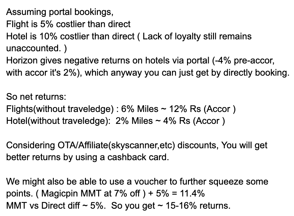 voluntaryidiot's tweet photo. Axis Horizon barely beats cashback cards.

-Convenience and ease of mind, for sure, which might be invaluable in its own right. 

But purely just by the numbers, it falls short:
- For hotels it’s useless.

Flights, what would you prefer:
10-16% CB or 12% Accor/ 6% Miles. https://t.co/poN97ouXru