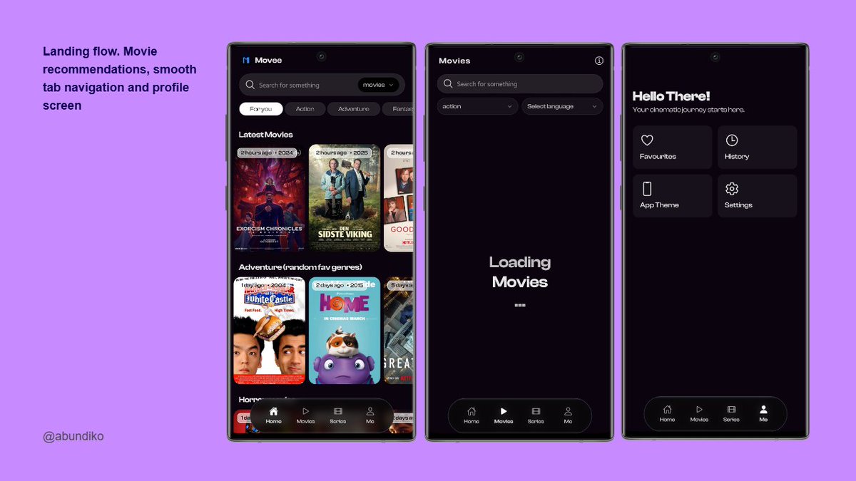 abundiko's tweet photo. Movee app home and landing flow.

Minimal, yet beautiful design. You get to see the latest movies, recommendations based on your past activities, and movies from your favourite genres.

#reactnative #expo #uiux #design #mobileapp https://t.co/wzVWzVlWKr
