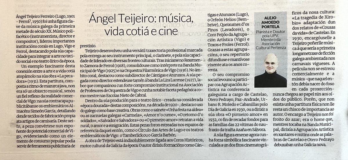 Hoxe no Faro de Vigo, Ángel Teijeiro: música, vida cotiá e cine