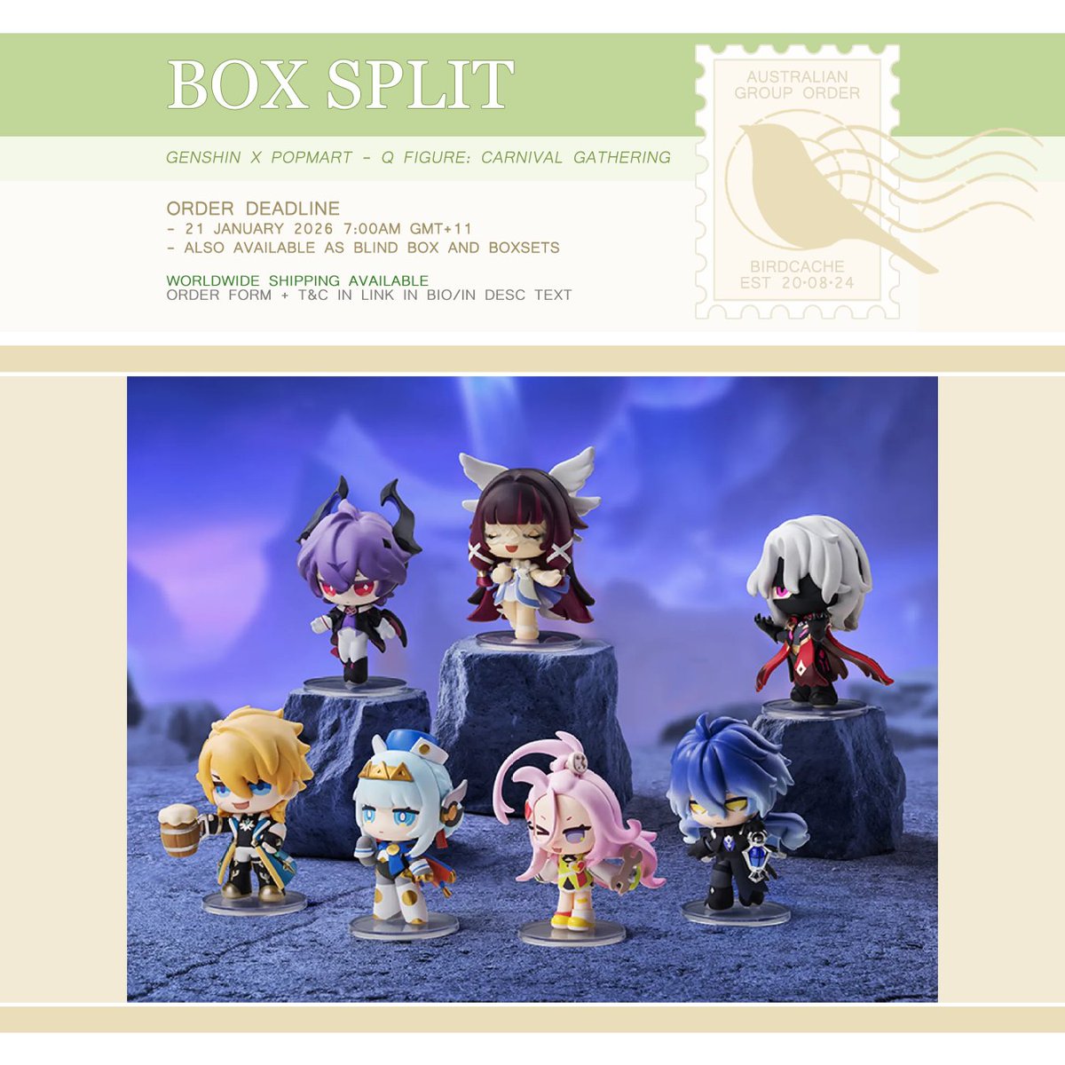 birdcache's tweet photo. ๐ฌ Group Order: Genshin x Popmart Q Figure: Carnival Gathering
๐ฆ๐บ AUS/WW GO | #birdcachego
๐๏ธ Genshin Impact
Splits, Gacha + Boxsets Available!
โฐ Deadline: 21 Janauary 7 AM GMT+11
๐ Submit Claims: https://t.co/YJGhhiFNAg
๐ฆ Worldwide Shipping
๐ TnC: https://t.co/xGyWYjo7OW https://t.co/lWIW4vIoXv