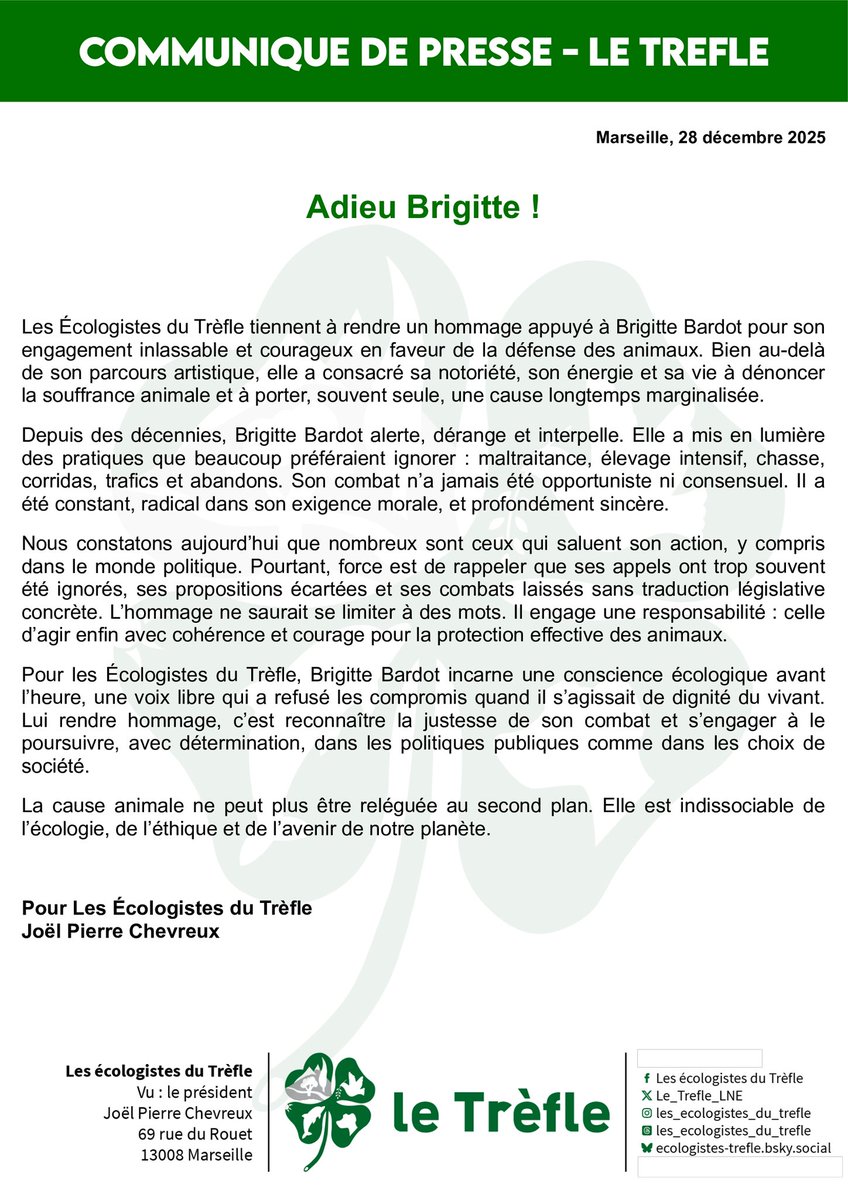 🍀 Les écologistes du Trèfle rendent un hommage appuyé à Brigitte Bardot 🕊️
