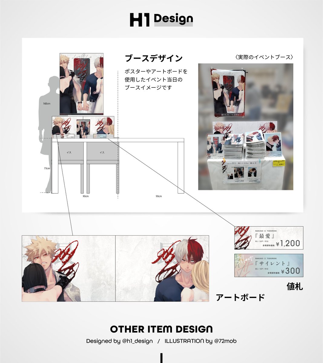 h1_design's tweet photo. お品書きやノベルティ、ポスターなどのブースデザインです。アートボードや値札も合わせて作っています。揃えるとインパクトが出ますね✨️（2/2） https://t.co/4KiVxt0Pmc