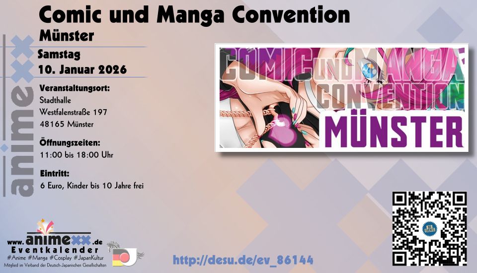 Die nächste #ComicundMangacon <a href="/BD_comic/">BD Events</a> in Münster findet am 10. Januar 2026 von 11 bis 18 Uhr in der Stadthalle Münster statt. Von 13 bis 15 Uhr findet ein kostenloser Zeichenworkshop statt (vorher bitte per Mail dafür anmelden!)
desu.de/ev_85982 #CMCMünster