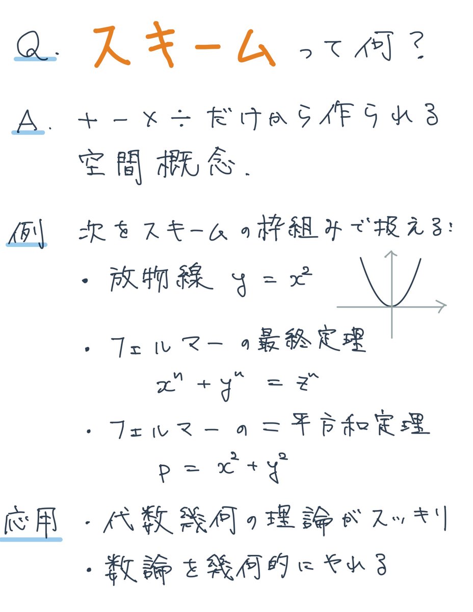 高度な数学で出てくる
  「スキーム」
とは何でしょうか？

簡潔に言うと、
「四則演算だけから作られる空間概念」
です。
以下で解説してみます。
