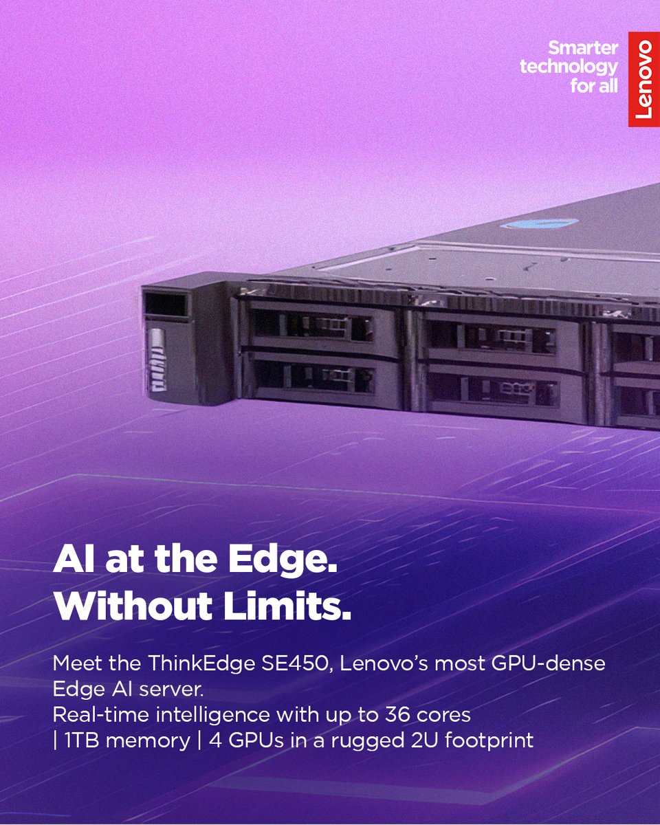 Lenovo_in's tweet photo. The Lenovo ThinkEdge SE450 delivers GPU-rich performance, rugged reliability, and real-time insight where it matters most. 
For CXOs building smarter, faster, more resilient operations, this is the edge advantage. 

https://t.co/r4K1GgKpMu

#Lenovo #SmarterTechnology #ThinkEdge https://t.co/H4GkYaJLBY
