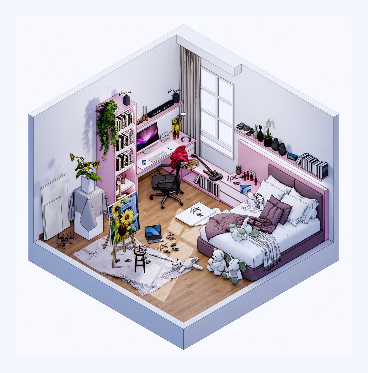 randicalism's tweet photo. A perfect mix of pink hues, sunflower views, and cozy vibes

The @_himewari 's original character "Luzz" theme

#RoomGoals #DigitalArt #CreativeSpace #CozyAesthetic #ArtistStudio #IsometricDesign #3dart https://t.co/icA3z6NKYe