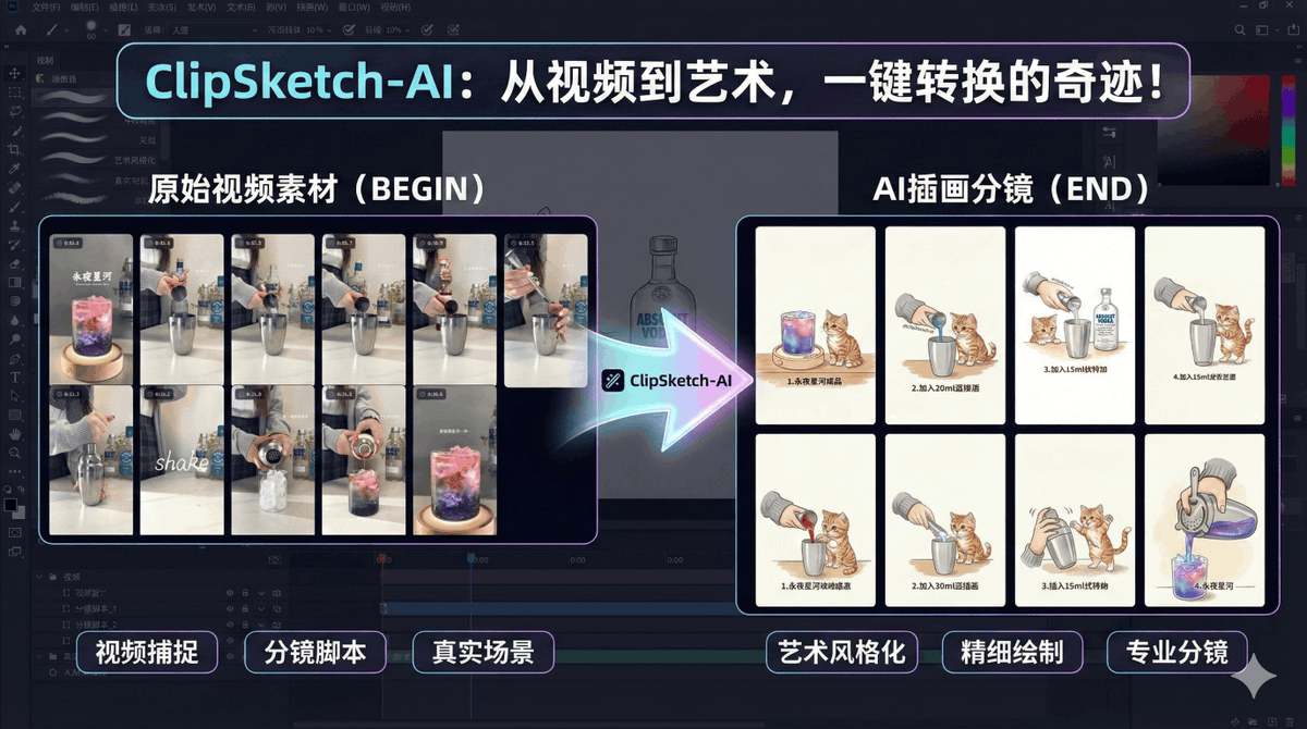 推荐一个开源工具：ClipSketch AI 

一款面向视频创作者的内容整理工具。

它能直接解析 B 站、小红书链接，把视频里的关键画面自动抓取出来，再生成手绘风格的分镜图和可直接用的文案。

特别适合做系列内容、教程拆解、剧情类短视频或种草向账号，用起来很省时间。
github.com/RanFeng/clipsk…