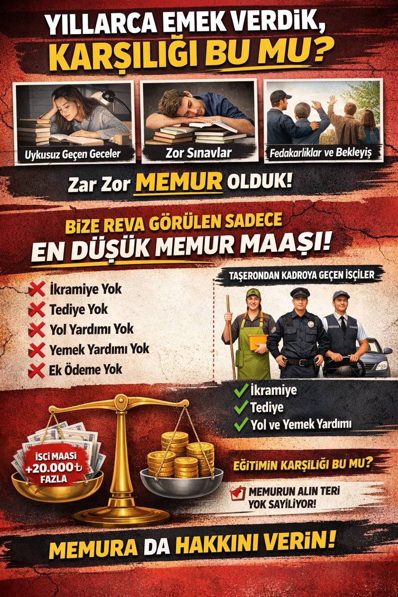 Yıllarca uykusuz ders çalıştık, sosyal hayattan vazgeçtik, KPSS ile memur olduk.
Bize en düşük Memur maaşı.
Taşerondan kadroya geçen İşçilere ise Maaş+İkramiye+tediye+yol+yemek ile memurdan ~20.000₺ fazla maaş. 

Soruyoruz: Eğitimin ve Sınavların karşılığı bu mu?
#MemurNeOlacak