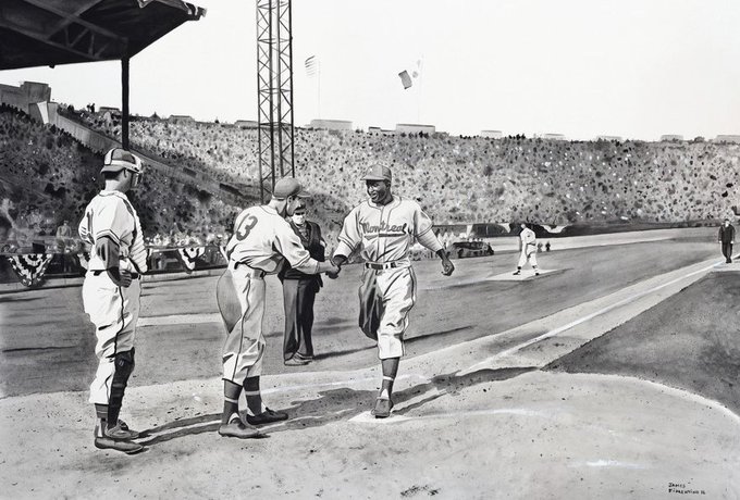 Jimfrombaseball's tweet image. Jackie Robinson`s first hit in “white” baseball was a home run for the Montreal Royals.
The two base runners refused to wait to shake hands.
George "Shotgun" Shuba, the on deck batter.
Shuba leapt to his feet in the on-deck circle and rushed toward home, arriving just in time to…