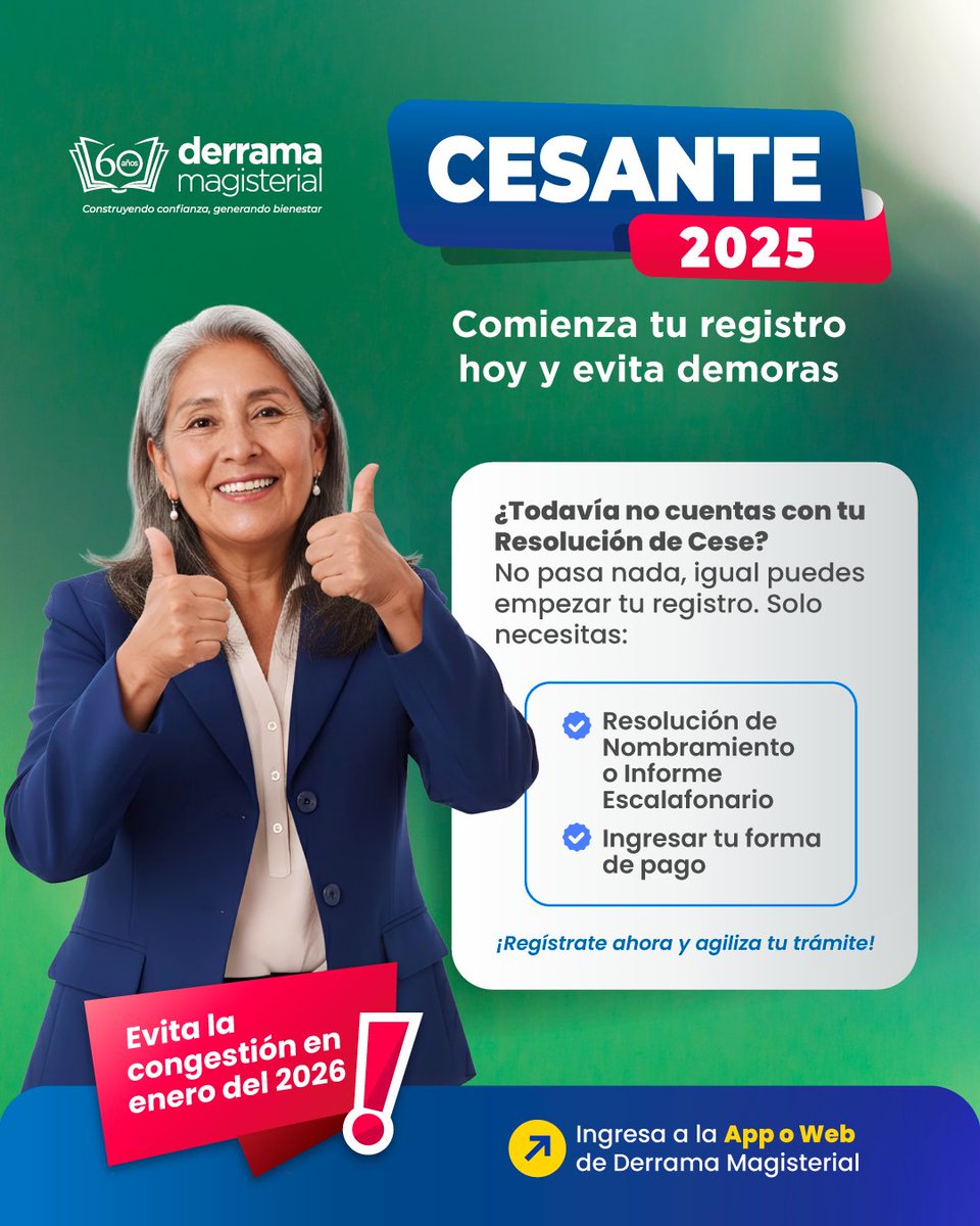 Versión 250 caracteres
Anticípate y avanza tu trámite desde hoy 🚀📲. Inicia el proceso antes de tener la Resolución de Cese, evita colas 👥🚫 y gana tiempo para que tu desembolso llegue más rápido ⚡💰. Todo es virtual, desde tu celular y con firma digital ✍️🔐.
 #docente #peru