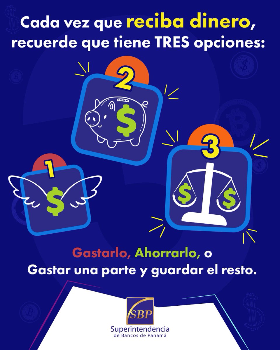 🤔Recuerde que tiene tres opciones para darle un buen uso a su dinero.
1️⃣Gastarlo
2️⃣Ahorrarlo
3️⃣Gastar una parte y guardar el resto

#SBPteInforma #Ahorrar