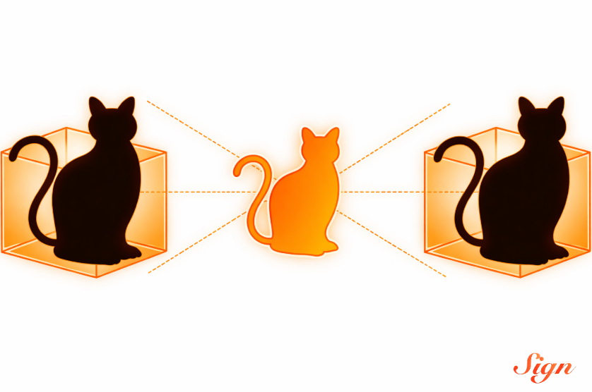 ethsign's tweet image. schrödinger’s infrastructure: the cat may exist onchain or it may not, it‘s an invisible layer of trust and verification