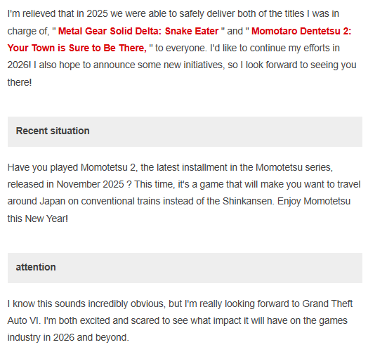 Kuwabara357's tweet photo. In a new interview with Famitsu, Noriaki Okamura said that he was looking forward to GTA VI but seemed quite nervous about it at the same time.
In the history of METAL GEAR, GTA and Rockstar Games as a whole have been formidable opponents and have cast a long shadow over the franchise (Almost all MG titles were facing GTAs and lost awards.)  
So his fears seem legitimate.  
He also stated that 2026 will be the year he announces “new initiatives.”  

It seems obvious that MGSVOL2 will be announced in 2026, so he remains confident and vigilant, just as the team was at the time...

Source of the interview : https://t.co/EP92CHicvX