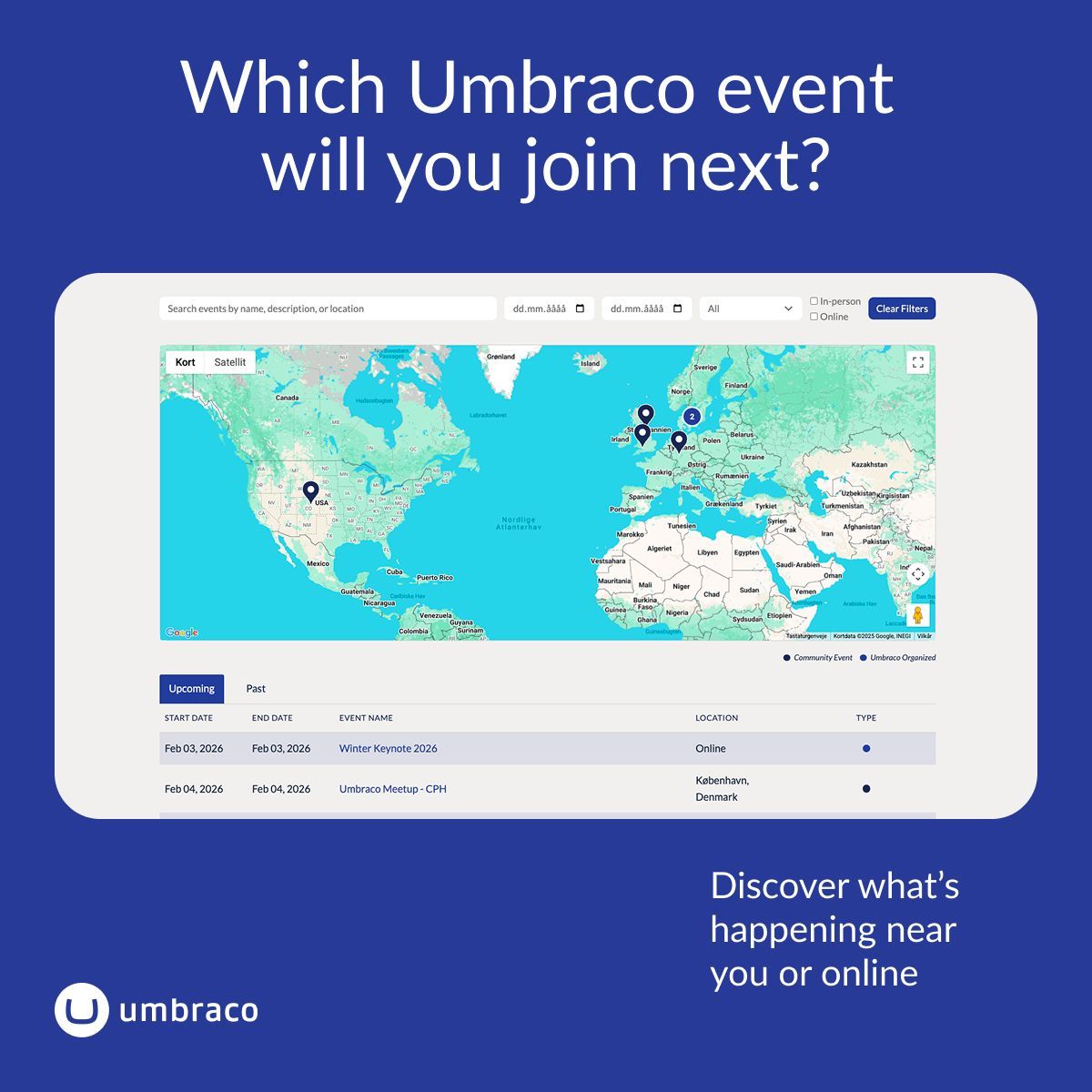 umbraco's tweet photo. Finding the right Umbraco event just got a lot easier 👀

We’ve launched a brand new events calendar on https://t.co/RAwVTX8I1F, bringing all Umbraco events together in one place. From official Umbraco events to community driven meetups, you can now quickly see what’s coming up (online or in person) 🌍

Up next is our Winter Keynote on Feb 3. Join us for a front row seat to Umbraco’s 2026 roadmap and strategy ❄️🔥

Take a look and find your next Umbraco event at https://t.co/E6caUknFtY

#Umbraco