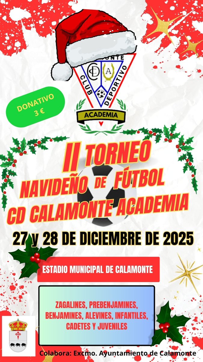 El equipo Benjamin del CD Los Santos FC, se proclamó campeón del II Torneo Navideño de fútbol en Calamonte. Enhorabuena 👏
