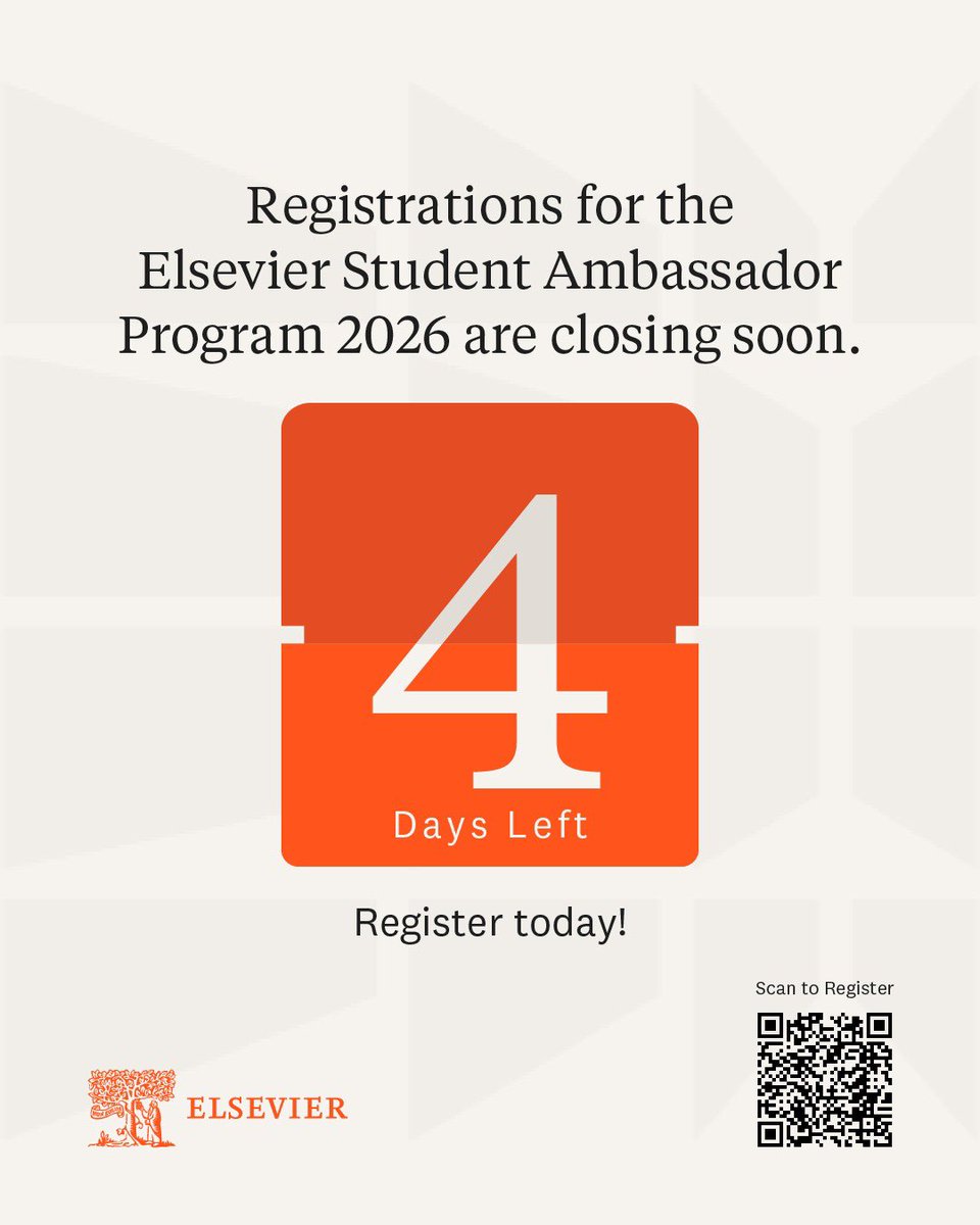 ElsevierIndia's tweet image. The countdown continues.
Registrations for the Elsevier Student Ambassador Program 2026 are closing soon.
With just 4 days left, now is the time to apply.

#Elsevier #StudentAmbassadorProgram #ApplyNow