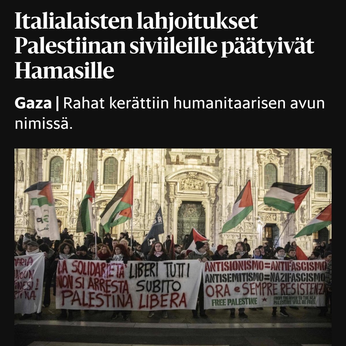 Kappas, italialaisten lahjoitukset "humanitaariseen apuun" menivätkin Hamasin terroristeille. Kuten meni myös YK:n kautta lahjoitetut miljarditkin. Samoin menee Tampereen ja Helsingin lahjoittamat veronmaksajien rahat.

Typerää antaa tuonne euroakaan.
hs.fi/maailma/art-20…
