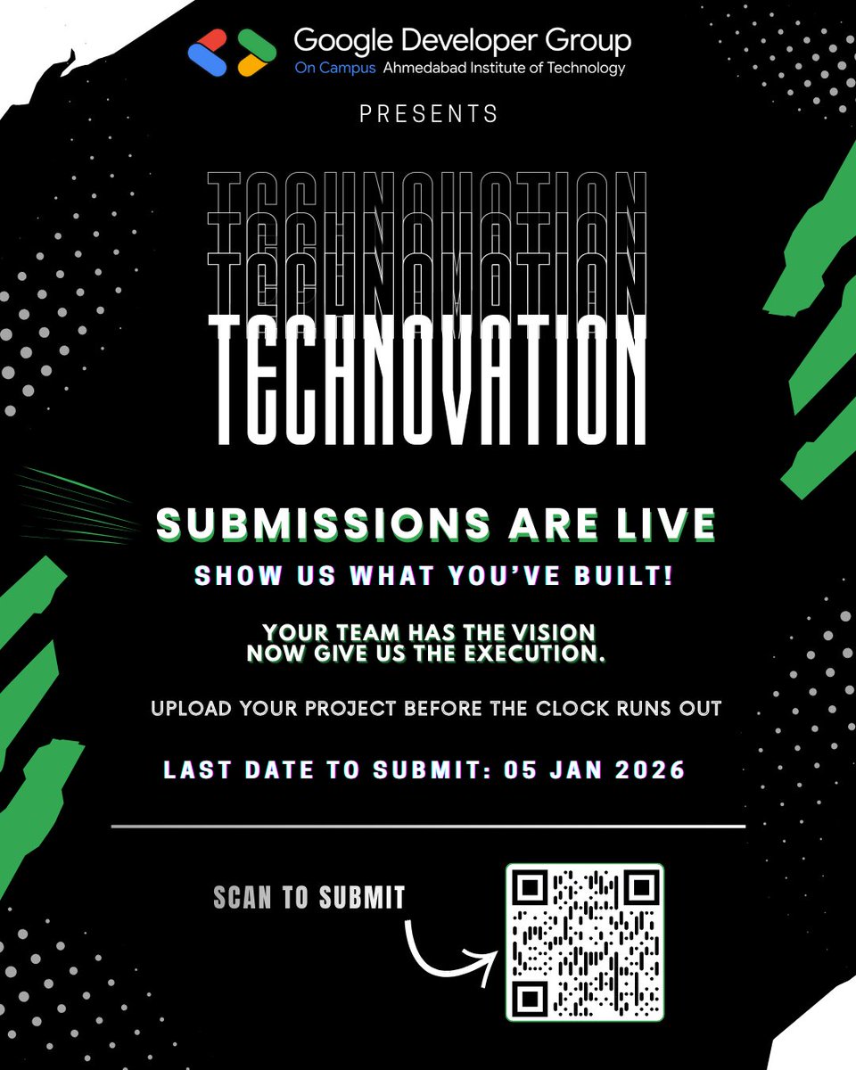 ait_gdsc's tweet photo. 🚀 Submissions are LIVE! For TECHNOVATION: https://t.co/3Yl5QRchiG

⏳ Deadline: 5th January
⚠️ Strictly follow the submission guidelines.
📩 For any queries, DM us! https://t.co/EovfwlTvPc