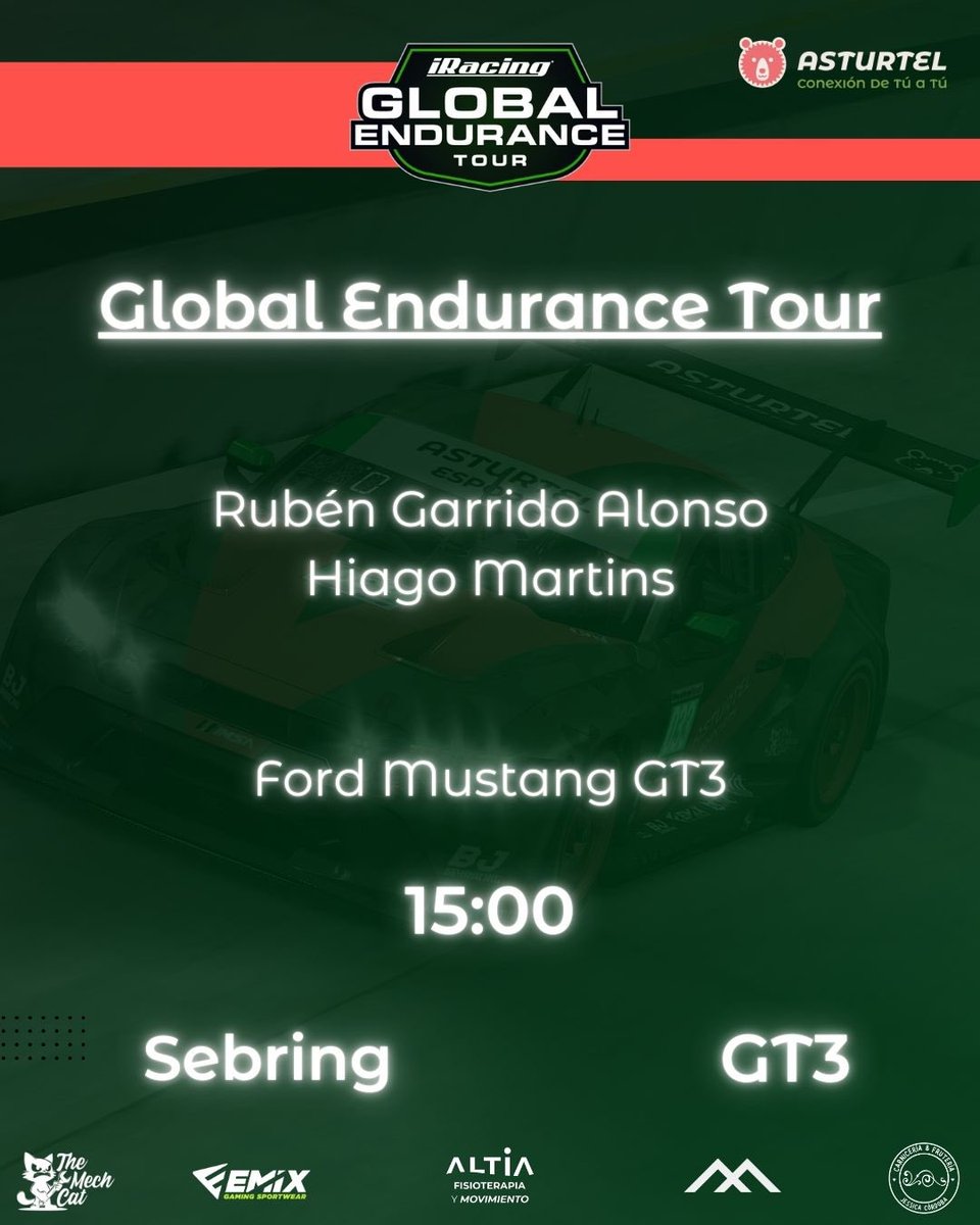 6 horas de Sebring ⏱️🔥
Nueva cita del Global Endurance Tour y seguimos sumando experiencia en resistencia.

Rubén Garrido Alonso y Hiago Martins se ponen al volante del Ford Mustang GT3 para afrontar uno de los trazados más exigentes del calendario.

🕒 15:00
📍 Sebring
🏁 Ford