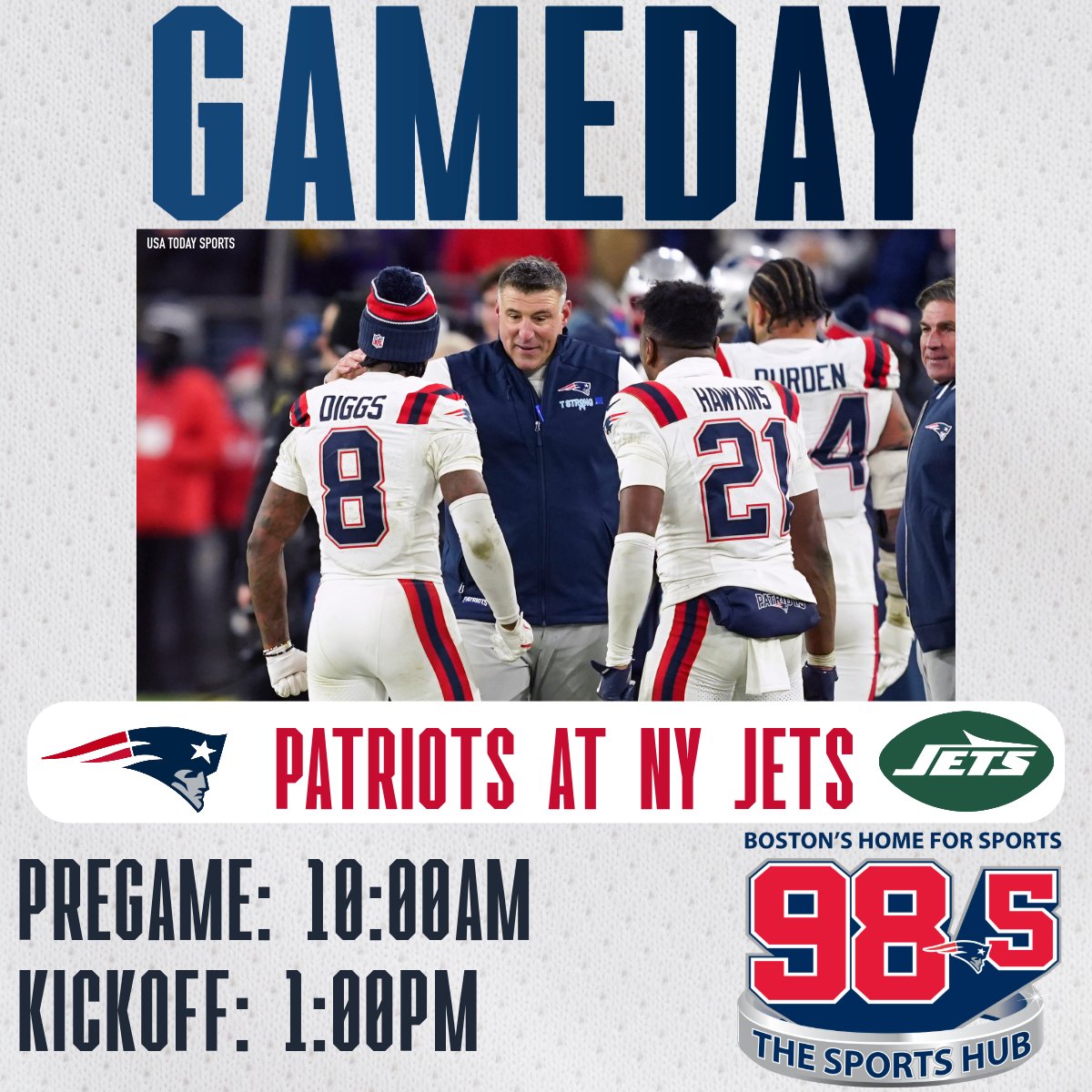 985TheSportsHub's tweet image. The Patriots are at Metlife Stadium to play the Jets today. Pregame begins at 10am with Jim Murray and Chris Gasper

#patriots #jets #nfl