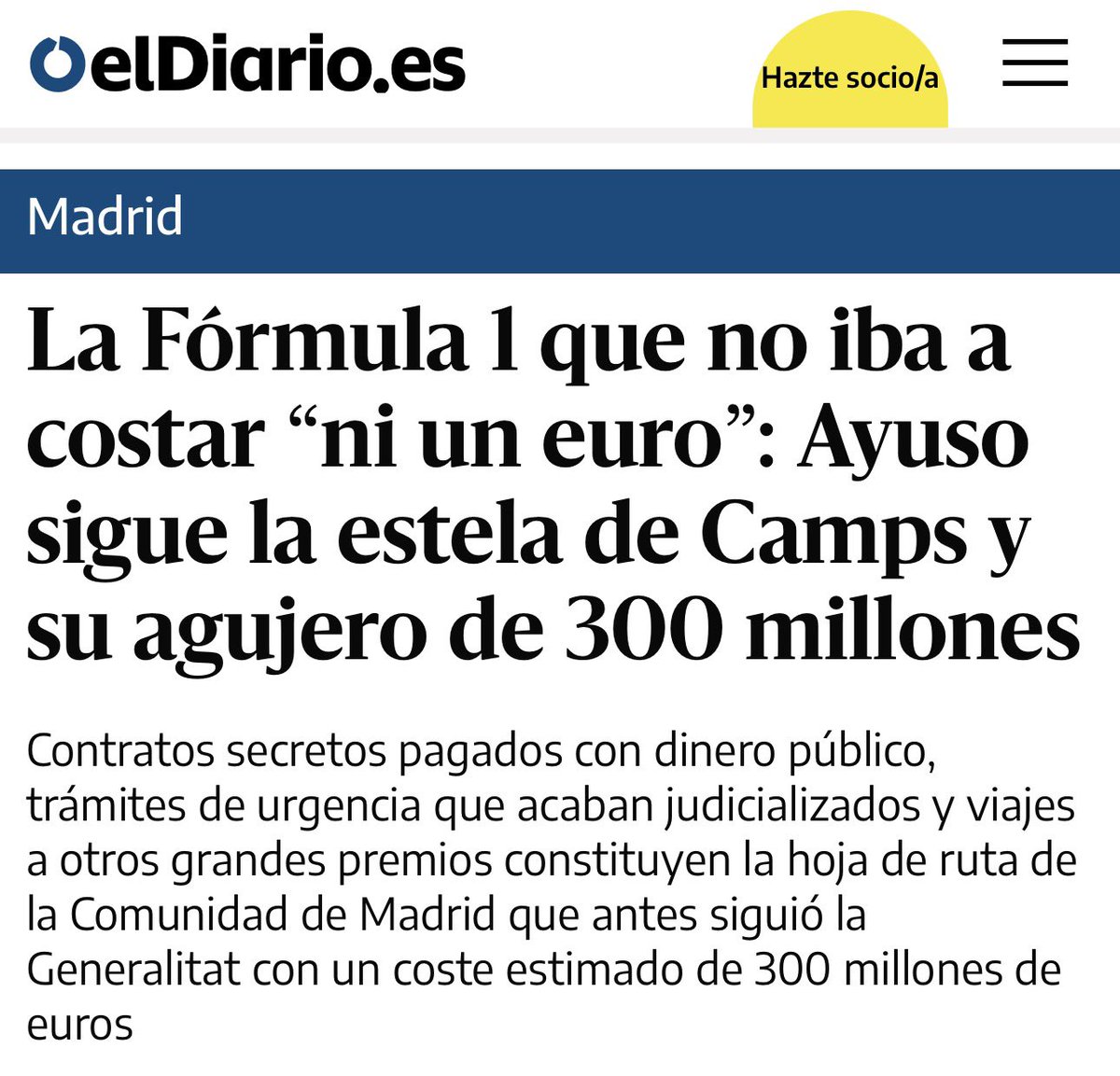 Ayuso dijo que las entradas de la F1 se agotarían “en dos minutos”.
La realidad: quedan 30.000 sin vender.

Prometió que no costaría dinero público.
La realidad: 136 millones ya gastados y un riesgo de pérdidas de 270 millones.
eldiario.es/madrid/formula…