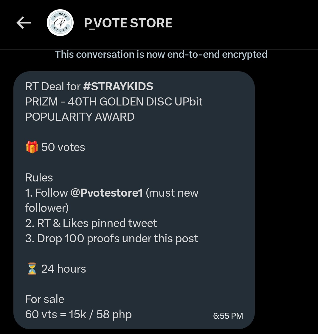 frecklesfelixeu's tweet photo. RT Deal for #STRAYKIDS
PRIZM - 40TH GOLDEN DISC UPbit POPULARITY AWARD

🎁 50 votes

Rules
1. Follow @Pvotestore1 (must new follower)
2. RT &amp; Likes pinned tweet 
3. Drop 100 proofs under this post

⏳ 24 hours

For sale
60 vts = 15k / 58 php https://t.co/i1eblmxlGr