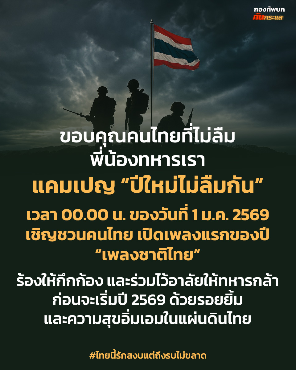 ทางเพจ และแอดมินขอขอบคุณคนไทยที่ไม่ลืมพี่น้องทหารเรา และขอร่วมเป็น
กระบอกเสียงแคมเปญนี้

#ไทยนี้รักสงบแต่ถึงรบไม่ขลาด