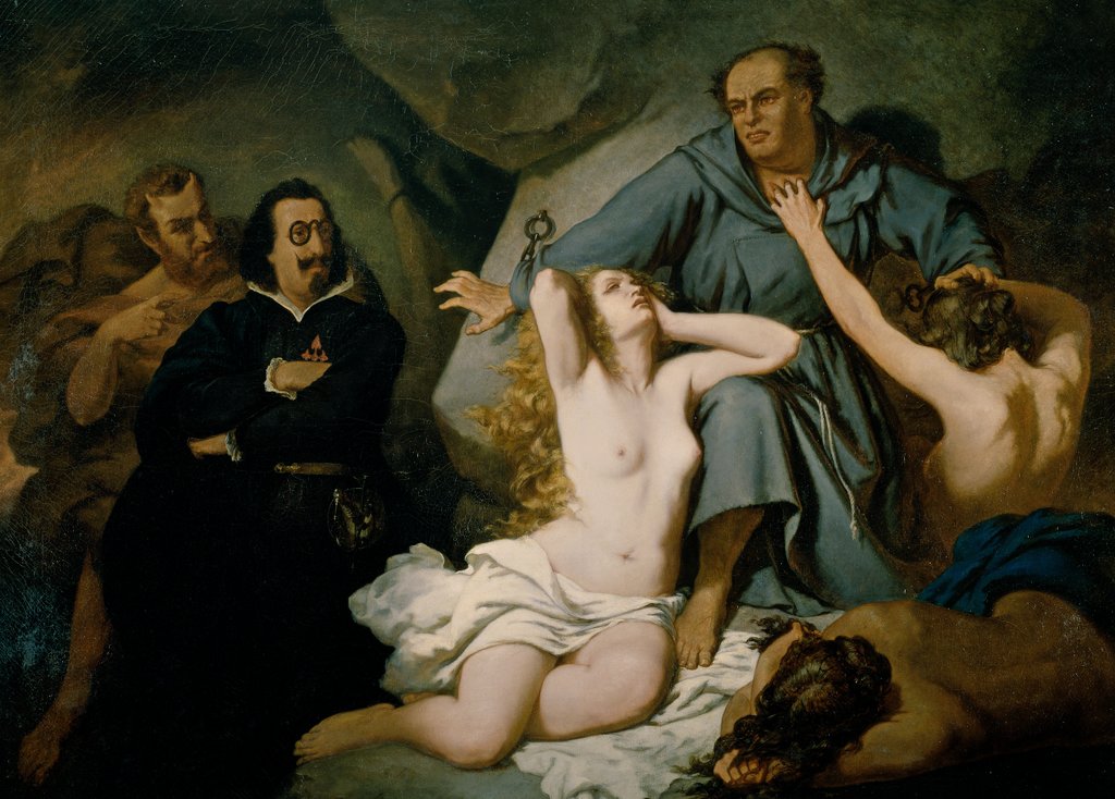 Francisco de Quevedo, acompañado del diablo, observa a Lutero en el infierno.