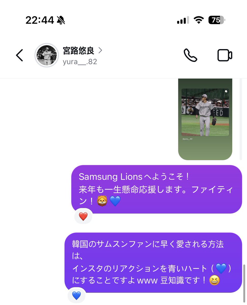 우리 아쿼로 온 미야지 유라선수 배움이 좋은선수심
내가 화이팅하라했는데 빨간하트 쓰길래
삼성팬한테 빨리 사랑받는 꿀팁은 파란하트 쓰는거라고 알려줬는데 파란하트로 감표찍음
내년 잘 부탁드려요 ... 파이팅 미야지 유라