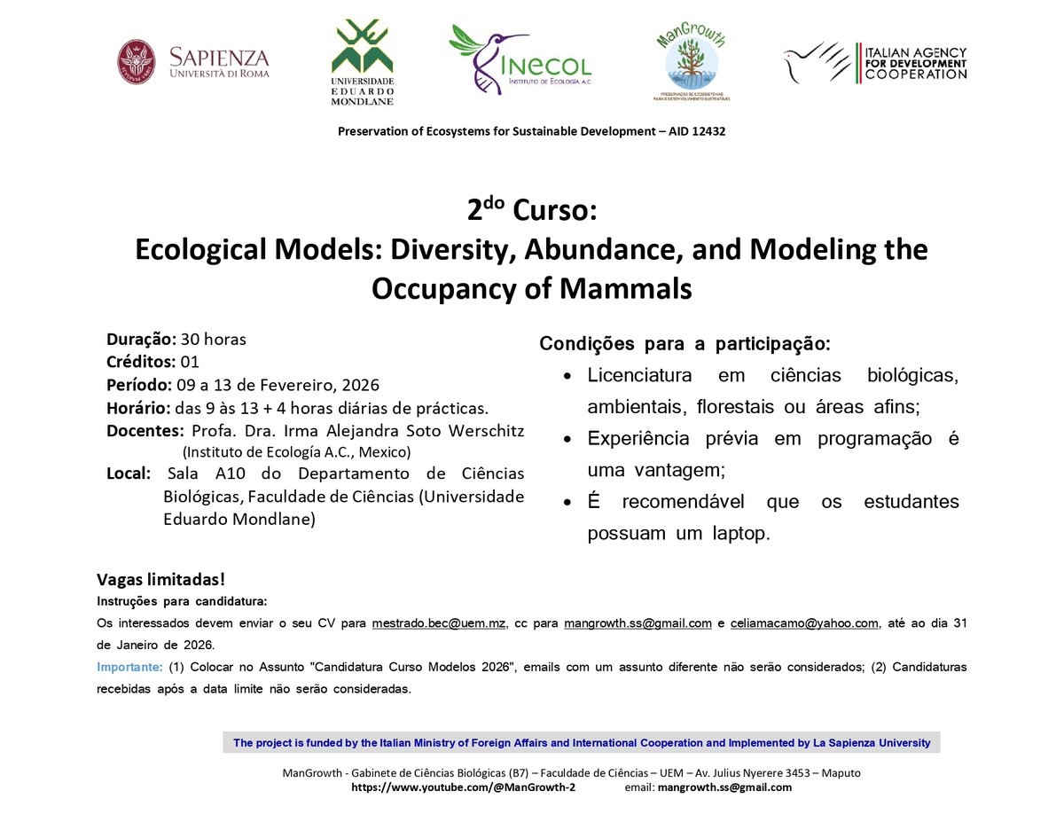 Estão abertas as inscrições para o Curso de Modelos Ecológicos.

🗓️ Inscreva-se até 31 de janeiro e garanta a sua vaga!
