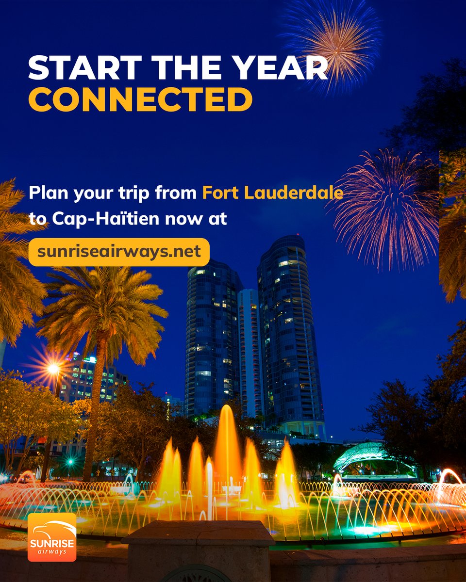Start the year connected! ✈️
Our Fort Lauderdale - Cap-Haïtien route keeps you close to what matters most.

Whether it’s family, business, or new beginnings, we connect you.
Book now at sunriseairways.net and begin the year flying smart.

#FortLauderdale #CapHaïtien