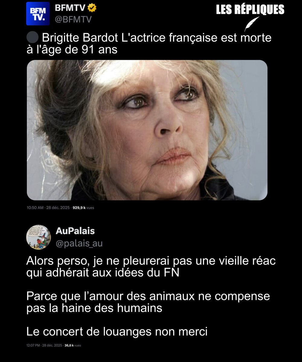 Les_Repliques's tweet photo. Brigitte Bardot actrice des années 1960, fervente protectrice des animaux et connue pour ses prises de position d’extrême droite notamment contre les musulmans, est décédée à l'âge de 91 ans

@palais_au https://t.co/S2RABIiQhS