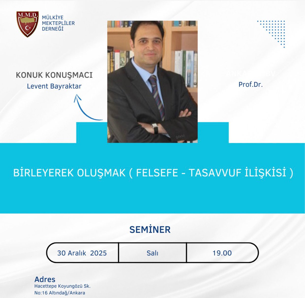 Derneğimizde bu hafta, Prof. Dr. Levent Bayraktar ile Birleyerek Oluşmak - Felsefe ve Tasavvuf İlişkisi konusunu ele alıyoruz. 30 Aralık Salı günü saat 19.00’da gerçekleştirilecek olan etkinliğimize tüm ilgililer davetlidir.