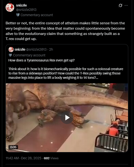 FBScienceSub's tweet photo. Snizzle: "How is Athiesm true when I can't understand how a T-Rex can stand up? Your dominos fall like a house of cards. Checkmate."
#CreationismFails #FacebookScience https://t.co/byaN6afts2