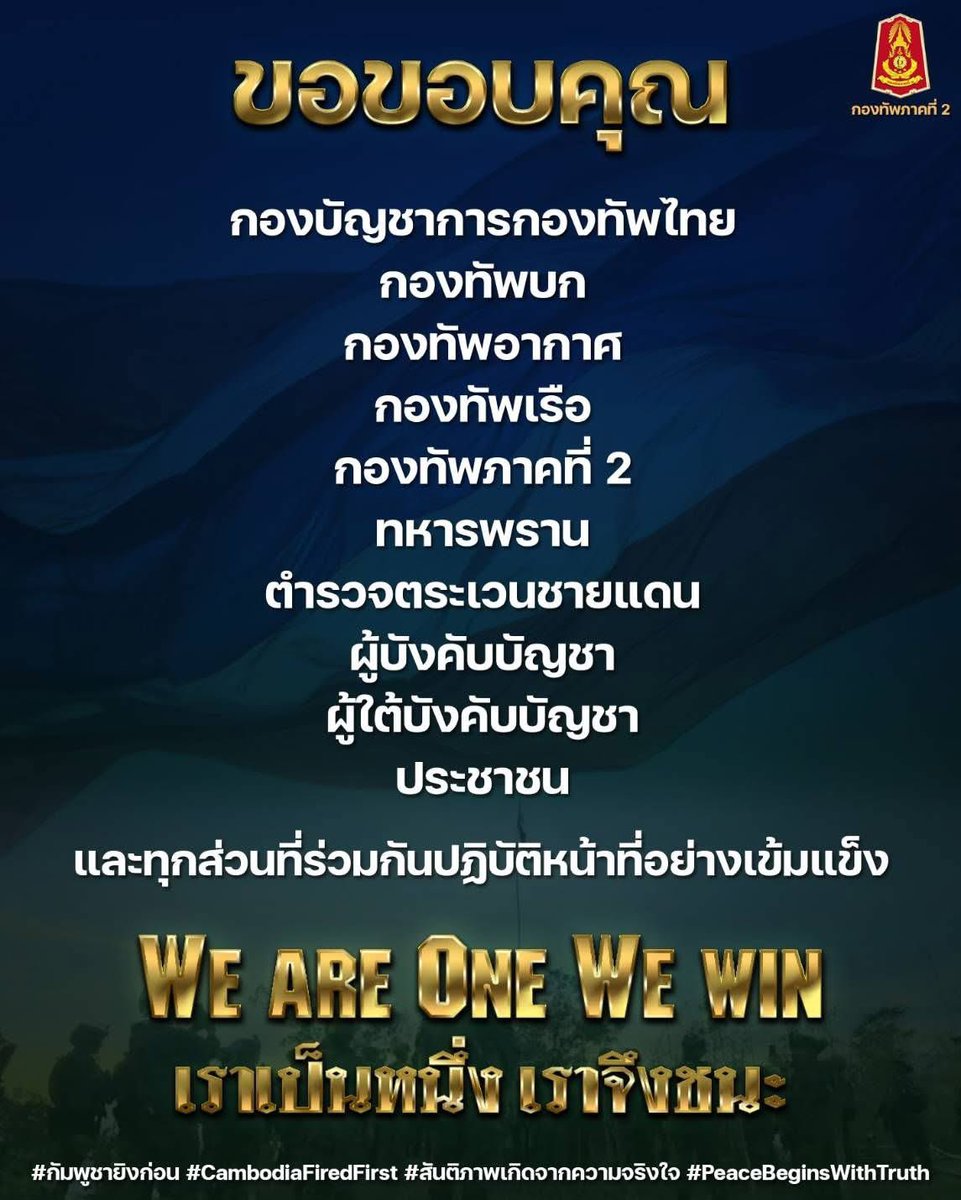 "We are one, so we win." 🇹🇭 เราเป็นหนึ่ง เราจึงชนะ

#กัมพูชายิงก่อน #CambodiaFiredFirst #สันติภาพเกิดจากความจริงใจ #PeaceBeginsWithTruth
