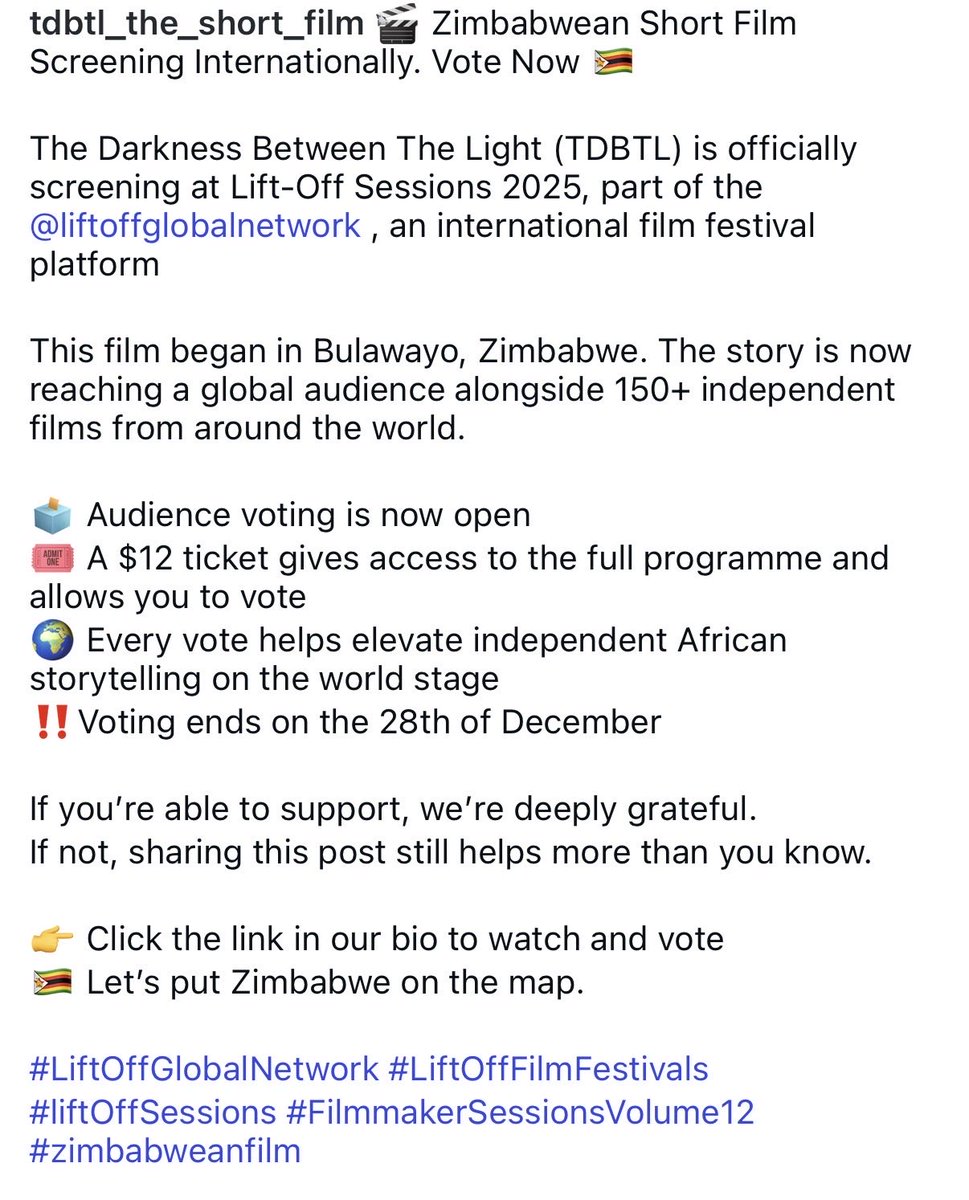 DavidColtart's tweet image. A new Zimbabwean originated film “The Darkness between The Light” is officially screening at Lift Off Sessions 2025 an international film festival platform.

This film began in @CityofBulawayo and Petra old boy Daniel Nxumalo is heavily involved in it.

I urge Zimbabweans to vote…