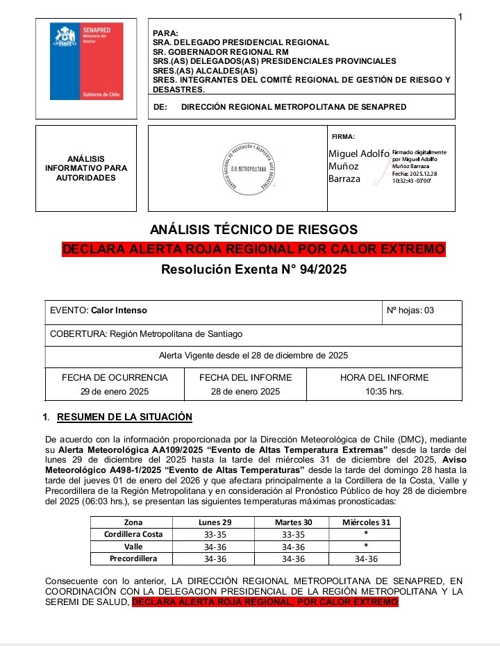 fdo2000's tweet photo. 🔴Último Minuto
Senapred declara ALERTA ROJA para la Región Metropolitana por calor extremo a contar desde mañana lunes hasta el miércoles 31 de diciembre, tomar las precauciones correspondientes, evitar exponerse al sol, hidratarse, bloqueador solar sobre 50. https://t.co/F6tqWvzjZ5